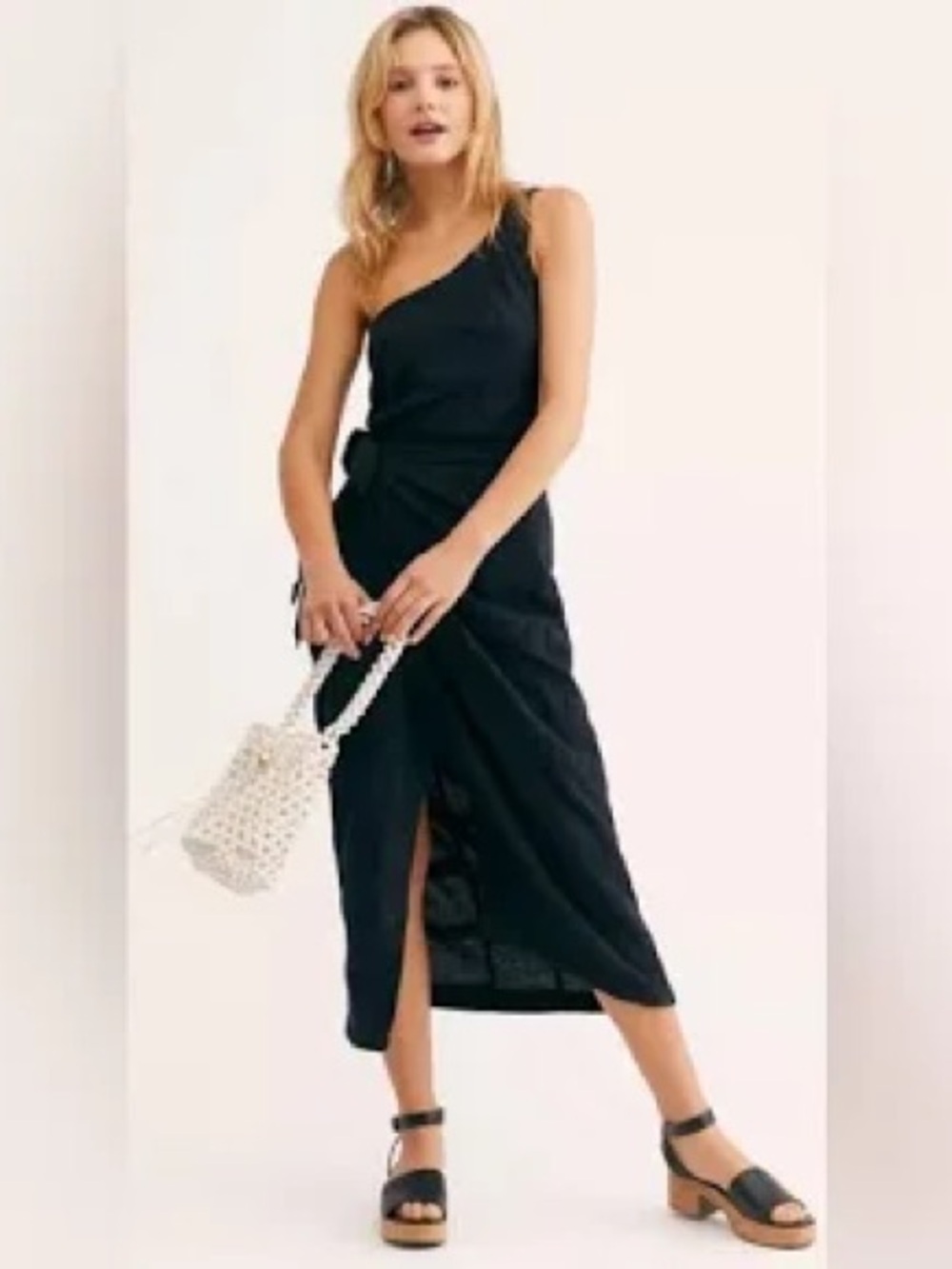 Free People One-Shoulder Black Wrap Midi Dress with Side Slit